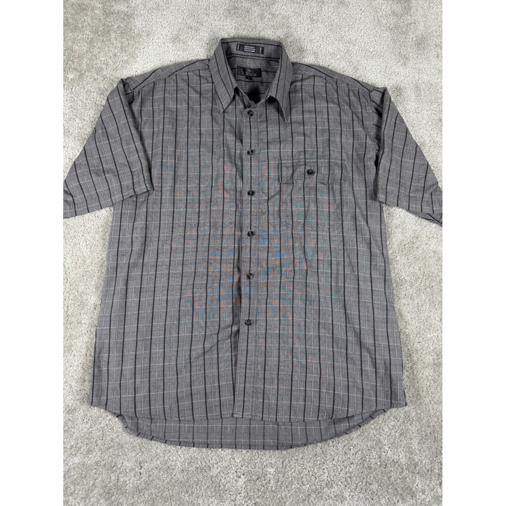 Enro Mens Large Gray Striped Grid Short Sleeve Button Down Shirt RN87049